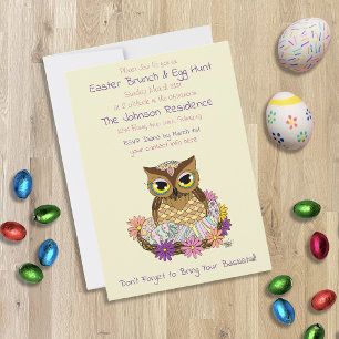 Pastel Vintage Owl Easter Eggs Nest Blue Daisy Invitation