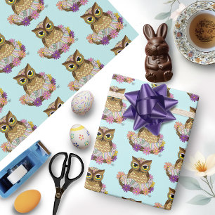 Pastel Vintage Owl Easter Eggs Nest Blue Daisy Wrapping Paper