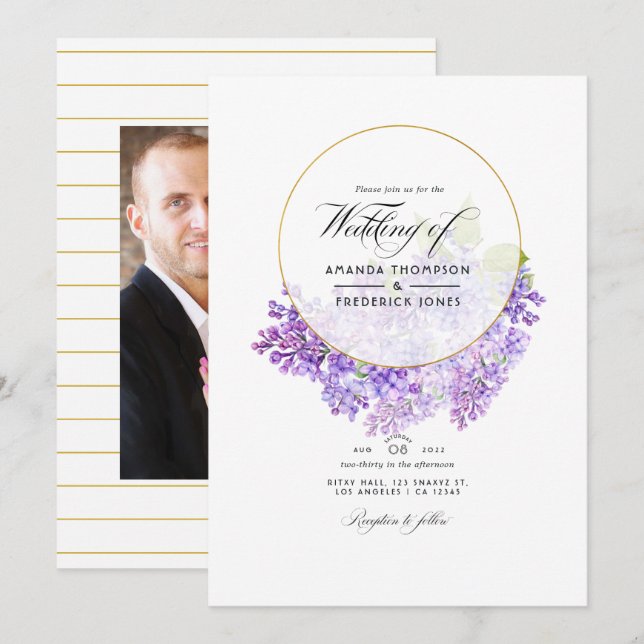 Pastel Violet and Gold Geometric Herbarium Wedding Invitation (Front/Back)