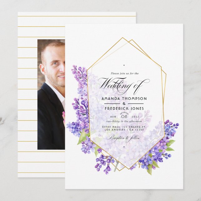 Pastel Violet and Gold Geometric Herbarium Wedding Invitation (Front/Back)