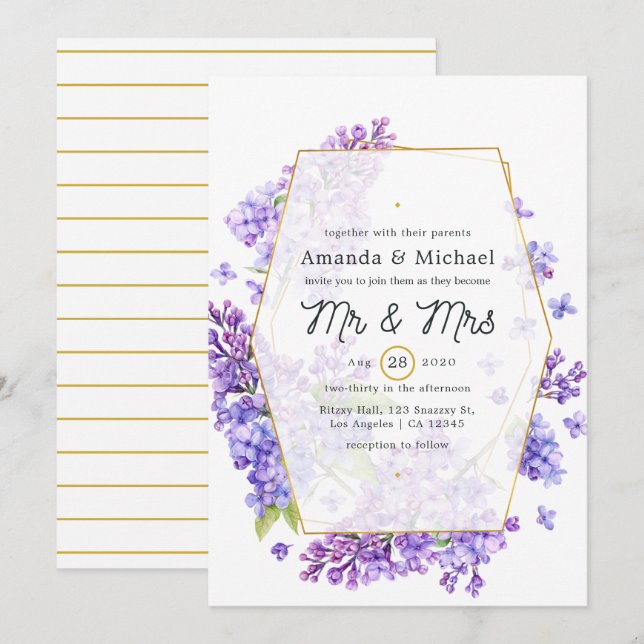 Pastel Violet and Gold Geometric Herbarium Wedding Invitation (Front/Back)