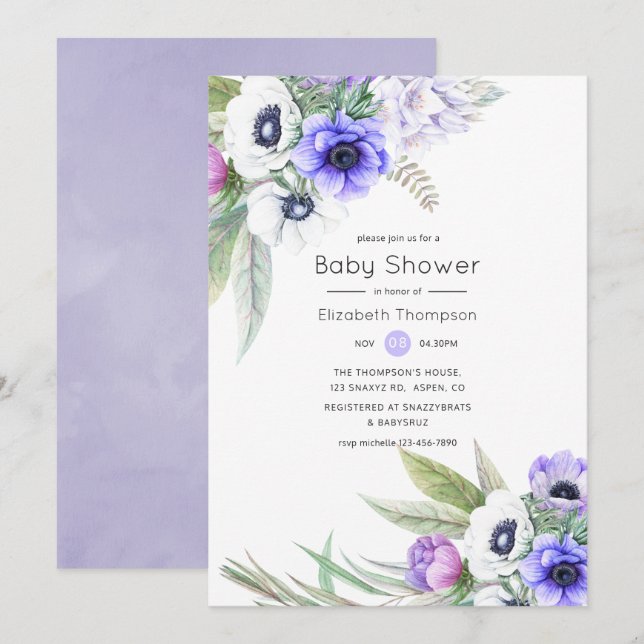 Pastel Violet and Plum Floral Baby Shower Invitation (Front/Back)