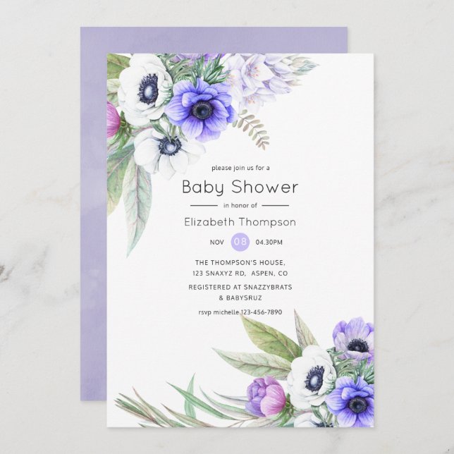 Pastel Violet and Plum Floral Baby Shower Invitation (Front/Back)