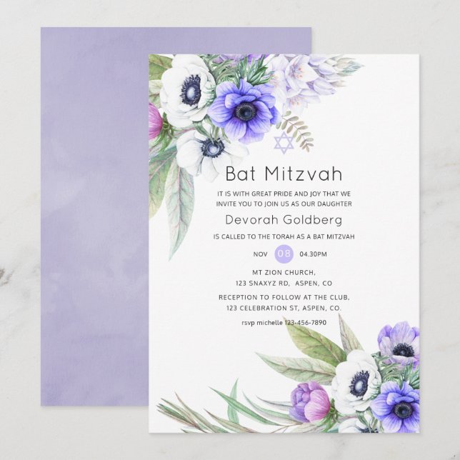 Pastel Violet and Plum Floral Bat Mitzvah Invitation (Front/Back)