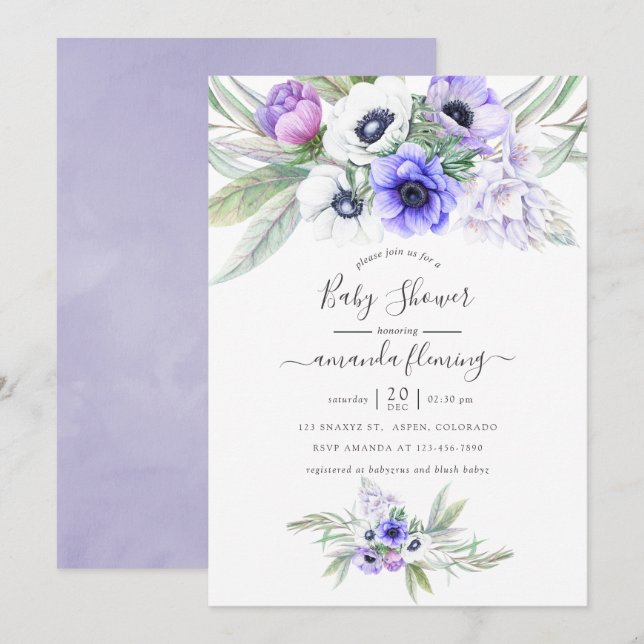 Pastel Violet Floral Baby Shower Invitation (Front/Back)