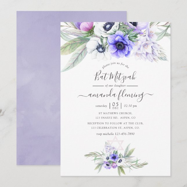 Pastel Violet Floral Bat Mitzvah Invitation (Front/Back)