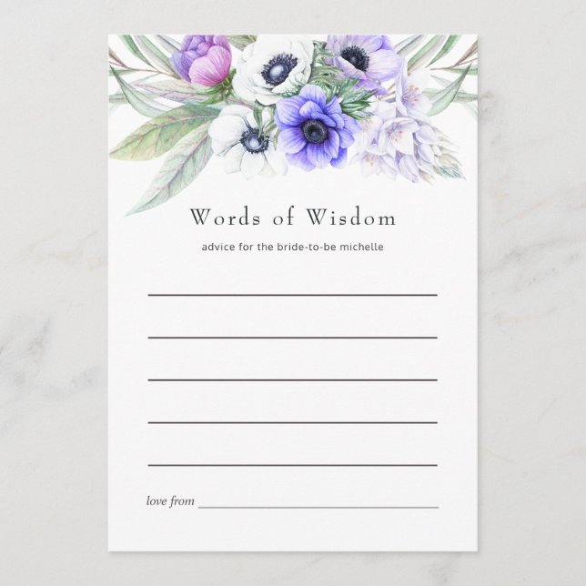 Pastel Violet Floral Bridal Shower Advice Card (Front)