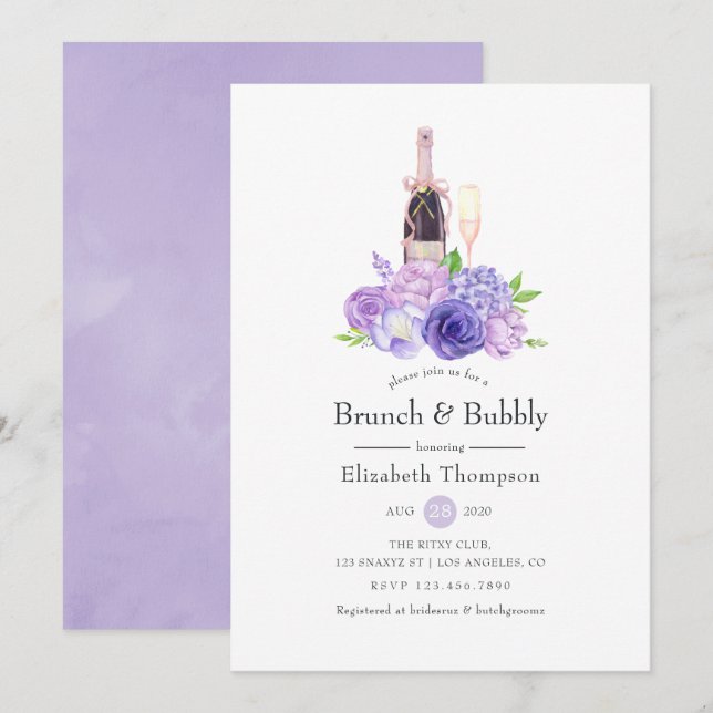 Pastel Violet Floral Brunch & Bubbly Bridal Shower Invitation (Front/Back)