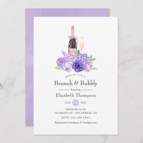 Pastel Violet Floral Brunch  Bubbly Bridal Shower Invitation