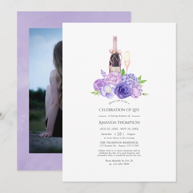 Pastel Violet Floral Champagne Celebration of Life Invitation (Front/Back)