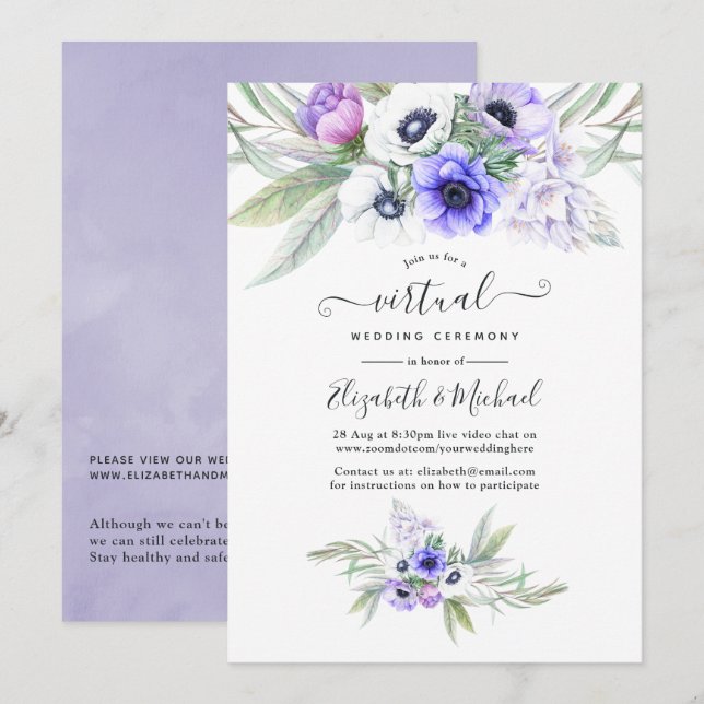 Pastel Violet Floral Online Virtual Wedding Invitation (Front/Back)