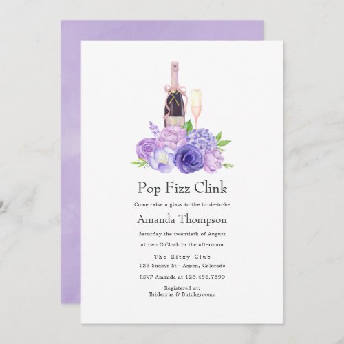 Pastel Violet Floral Pop Fizz Clink Bridal Shower Invitation