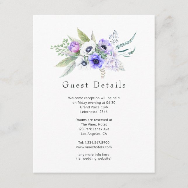 Pastel Violet Floral Wedding Guest Details Enclosure Card (Front)