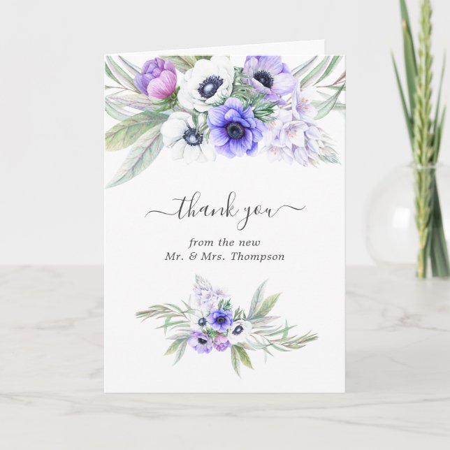 Pastel Violet Floral Wedding Photo Thank You Card (Front)