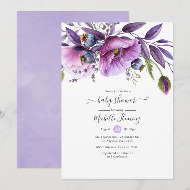 Pastel Violet Poppy Floral Baby Shower Invitation (Front/Back)