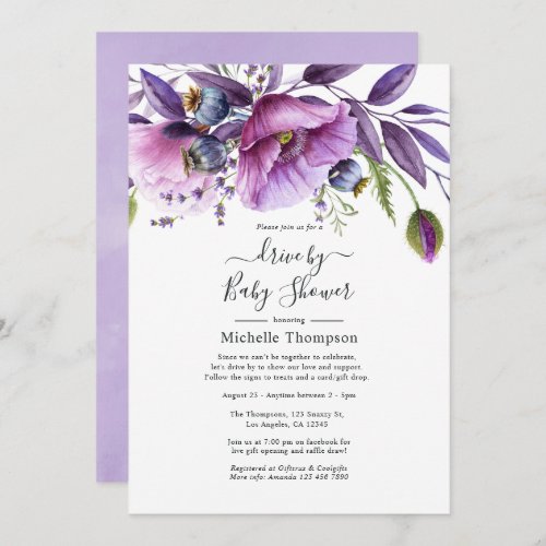 Pastel Violet Poppy Floral Drive By Shower Invitation