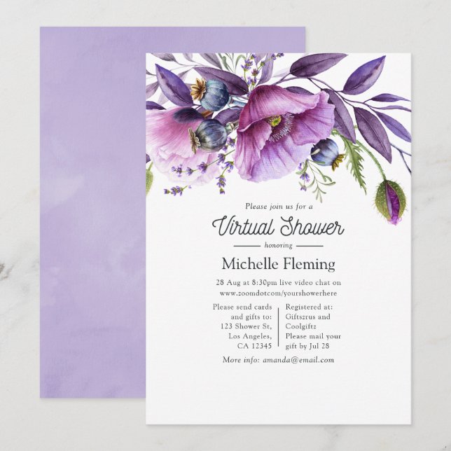 Pastel Violet Poppy Floral Virtual Baby Shower Invitation (Front/Back)