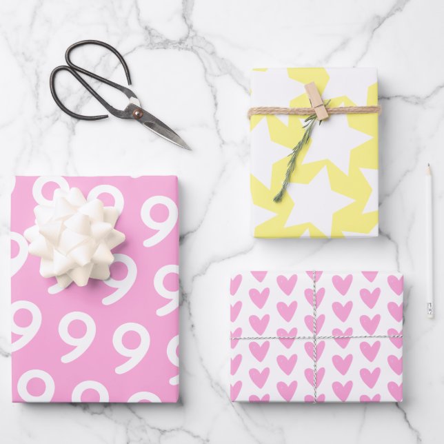 Pastel w. White Stars - Custom Age Kids Birthday Wrapping Paper Sheets (Front)