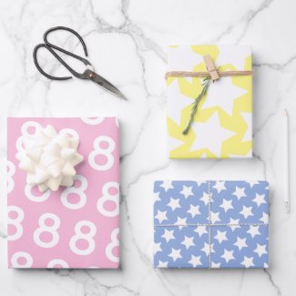 Pastel w. White Stars - Custum Age Kids Birthday Wrapping Paper Sheets