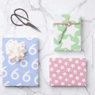 Pastel w. White Stars - Custum Age Kids Birthday Wrapping Paper Sheets