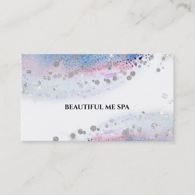 *~* Pastel Watercolor Abstract Silver Glitter Blue Business Card (Front)