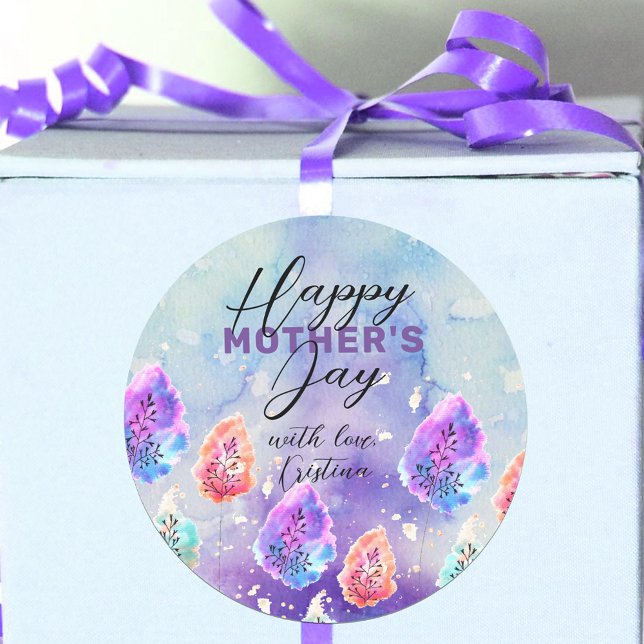 Pastel Watercolor and Ink Boho Leaves Mother's Day Classic Round Sticker (Creator Uploaded)