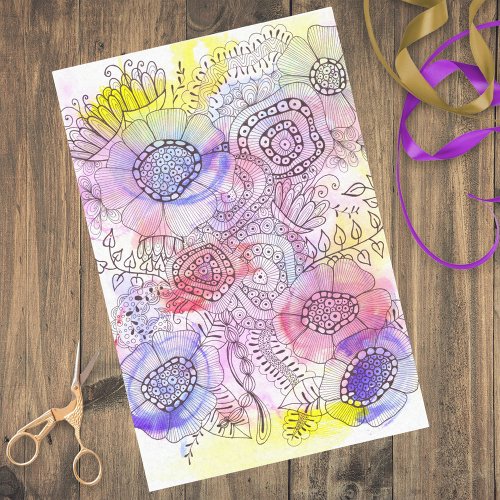 Pastel Watercolor and Ink Floral Doodle Line Art Tissue Paper