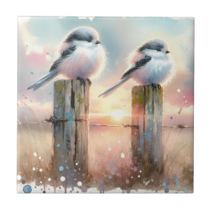 Pastel Watercolor Birds Fencepost Sunset Ceramic Tile