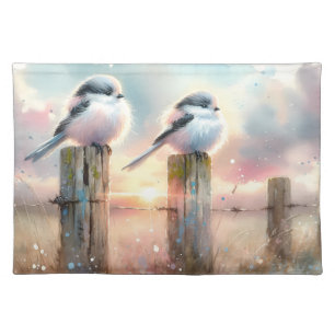 Pastel Watercolor Birds Fencepost Sunset Cloth Placemat