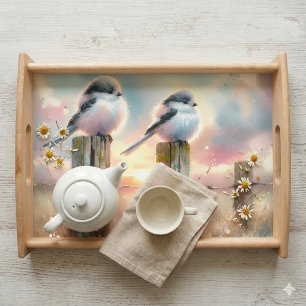 Pastel Watercolor Birds Fencepost Sunset Serving Tray