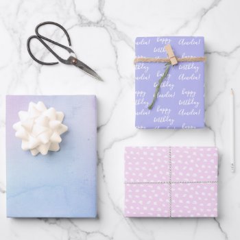 Pastel Watercolor Birthday Name Pink Purple Wrapping Paper Sheets by Orabella at Zazzle