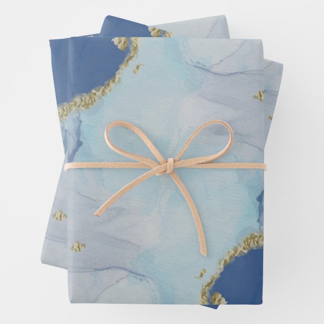 Pastel Watercolor Blue Abstract Marble Pattern Wrapping Paper Sheets (In situ)