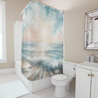 Pastel Watercolor Blue Beach Ocean Waves Wood Shower Curtain