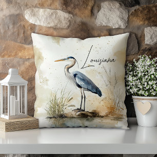 Pastel Watercolor Blue Heron Louisiana State Throw Pillow