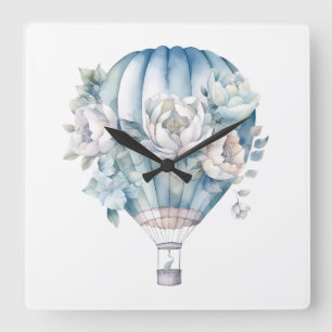 PASTEL WATERCOLOR BLUE WHITE HOT AIR BALLOONS SQUARE WALL CLOCK