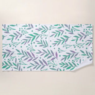 Pastel watercolor branches purple and green beach towel
