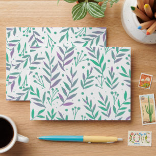 Pastel watercolor branches purple and green envelope