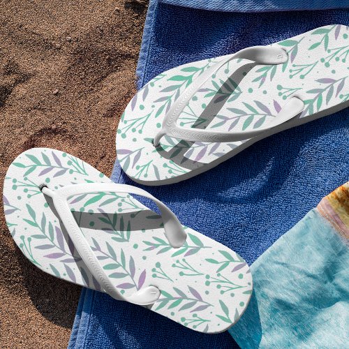 Pastel watercolor branches purple and green flip flops