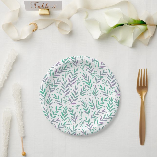 Pastel watercolor branches purple and green paper plates (Wedding)