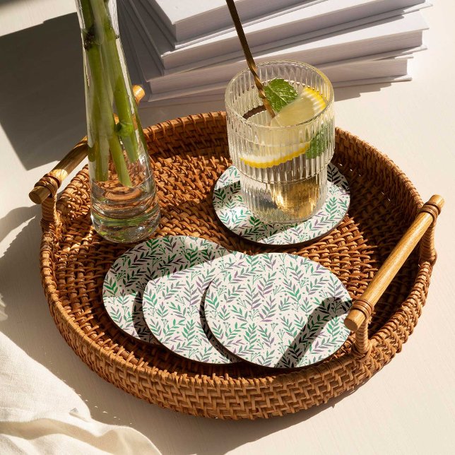 Pastel watercolor branches purple and green round paper coaster (Creator Uploaded)