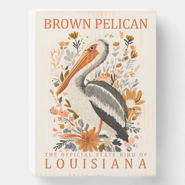 Pastel Watercolor Brown Pelican Louisiana State Wooden Box Sign (Front Vertical)