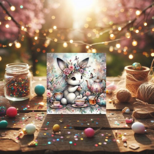 Pastel Watercolor Bunny Easter Tea Party  Holiday Card
