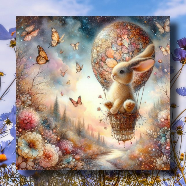 Pastel Watercolor Bunny Hot Air Balloon Easter  Holiday Card (Creator Uploaded)