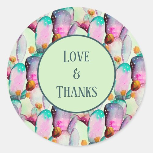 Pastel Watercolor Cactus Flowers Love and Thanks Classic Round Sticker