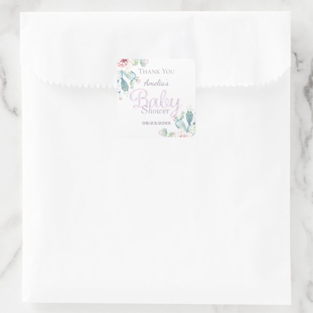 Pastel Watercolor Cactus Pink Baby Shower Square Sticker (Bag)