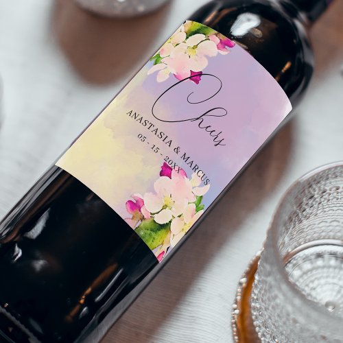 Pastel Watercolor Cherry Blossoms Romantic Wedding Wine Label