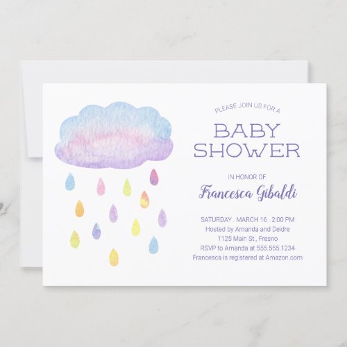 Pastel Watercolor Cloud Raindrops Baby Shower Invitation