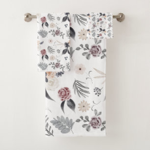 Pastel Watercolor Colorful Roses Grey Leaves Bath Towel Set