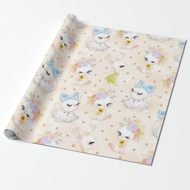 PASTEL WATERCOLOR CUTE EASTER BUNNIES WRAPPING PAPER (Unrolled)