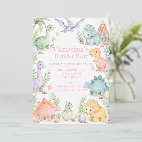 Pastel Watercolor Dinosaur Birthday Party Invitation
